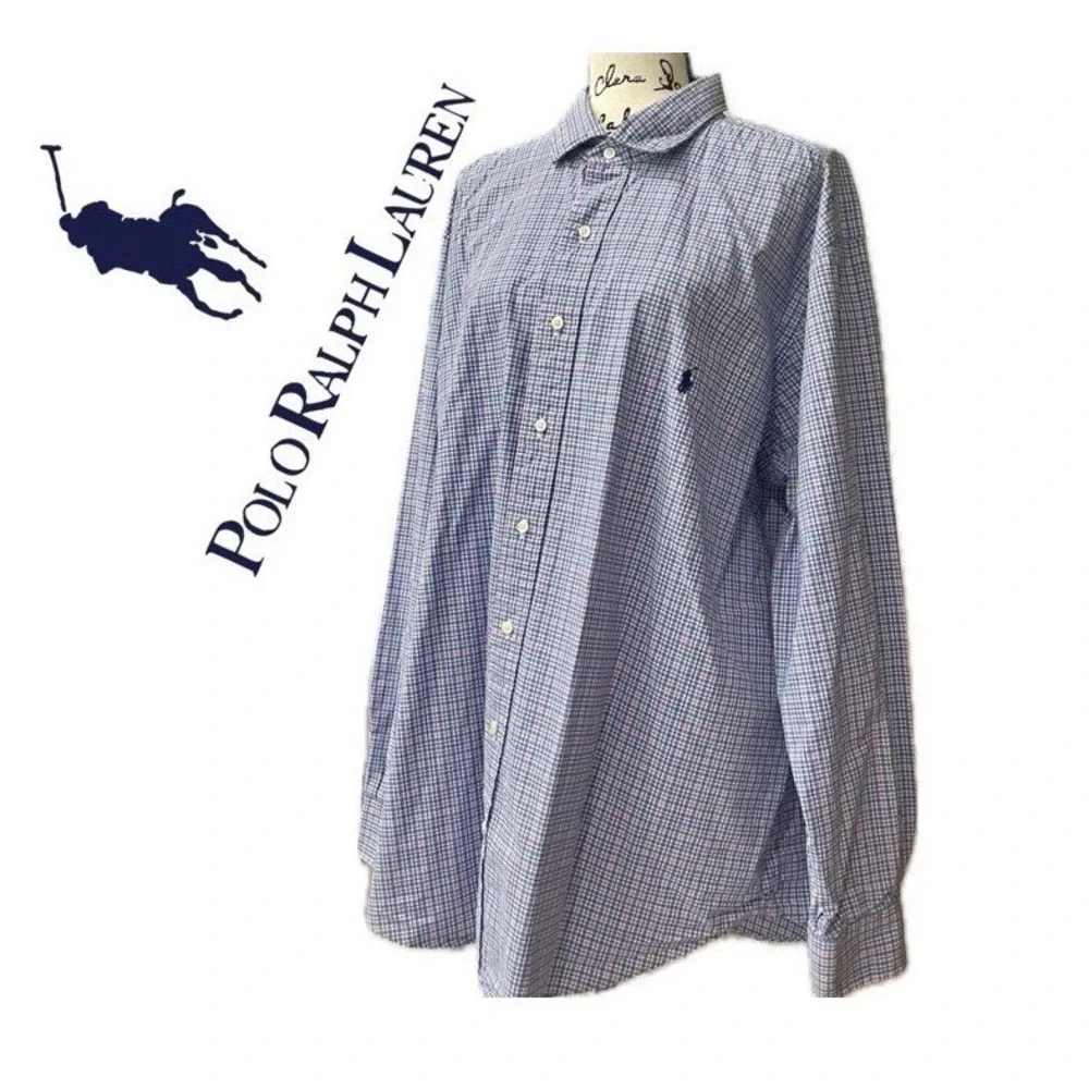 Polo Ralph Lauren Mens 2XB Big Tattersall Check Cotton Button‎ Down Shirt Blue